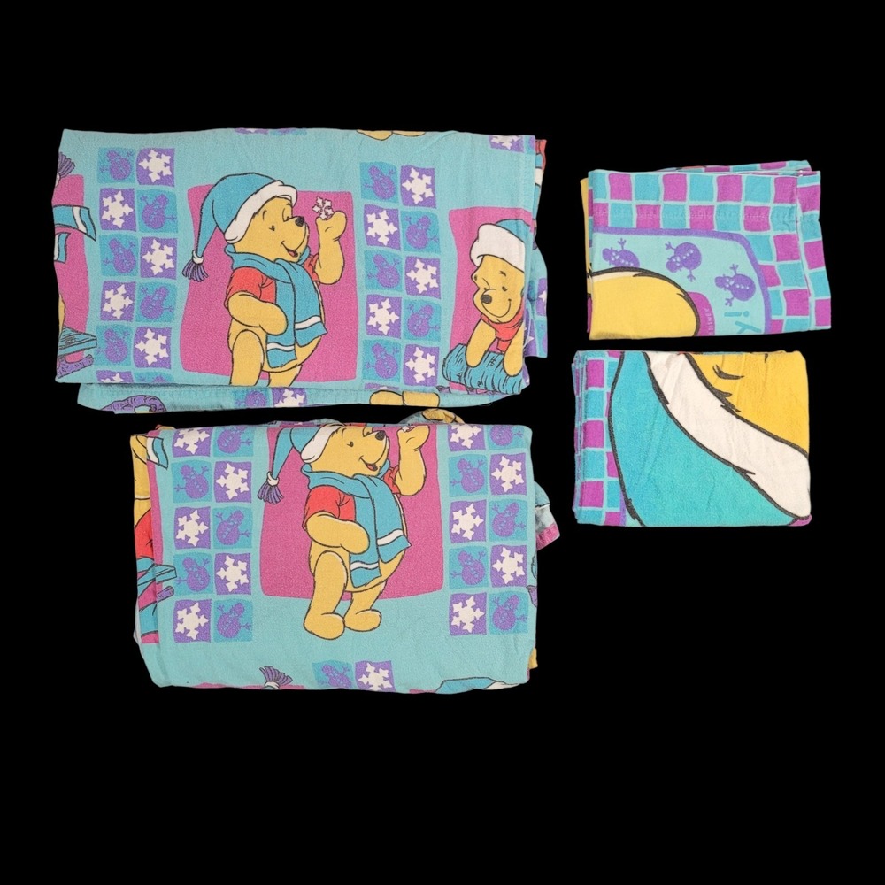 Vintage Winnie the Pooh Winter Flannel Sheet Set Full Size 4pc Franco RARE HTF